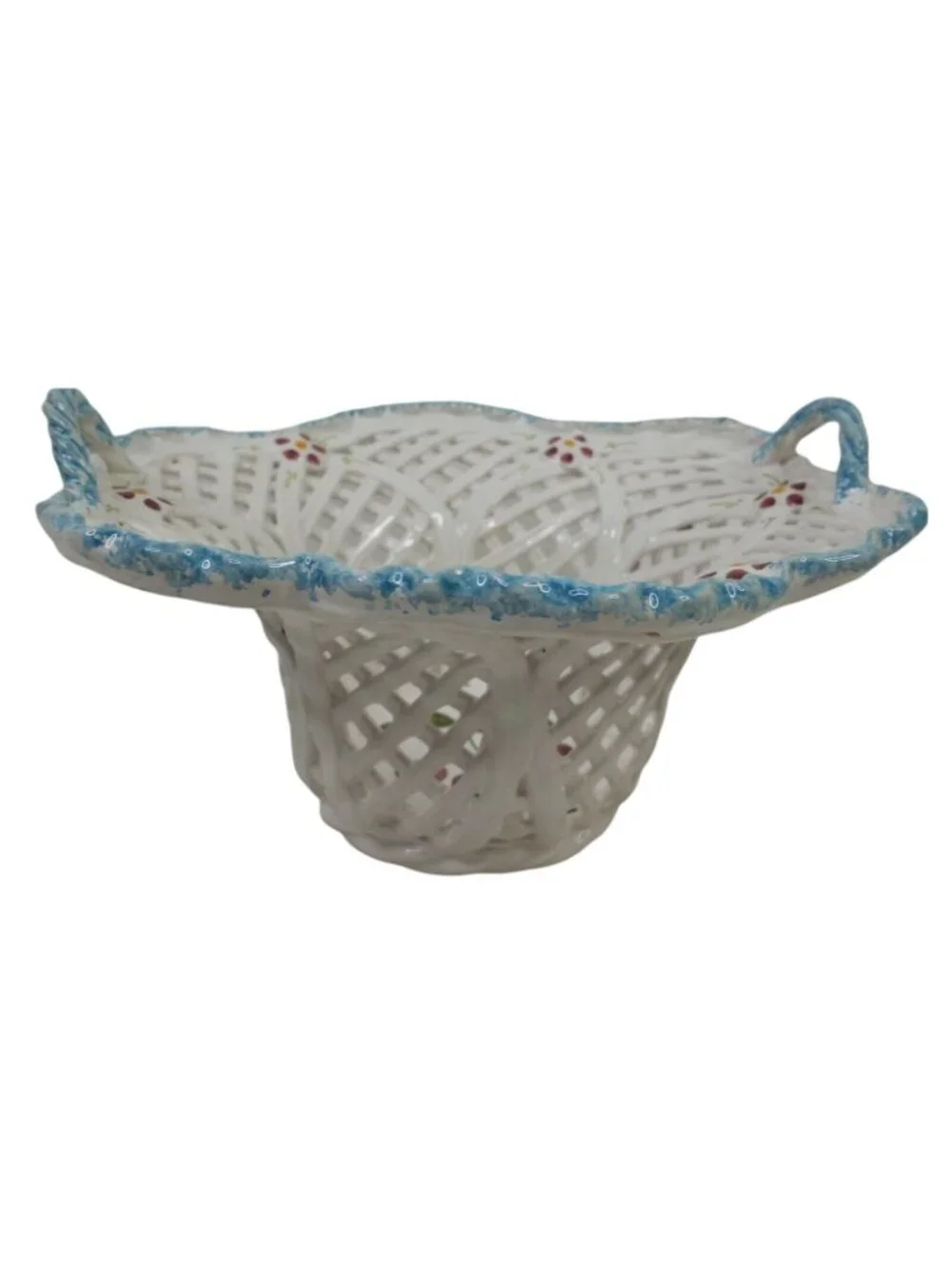 Hand Painted Ceramic White Basket Weave Bowl With Floral Cherry Details Handles